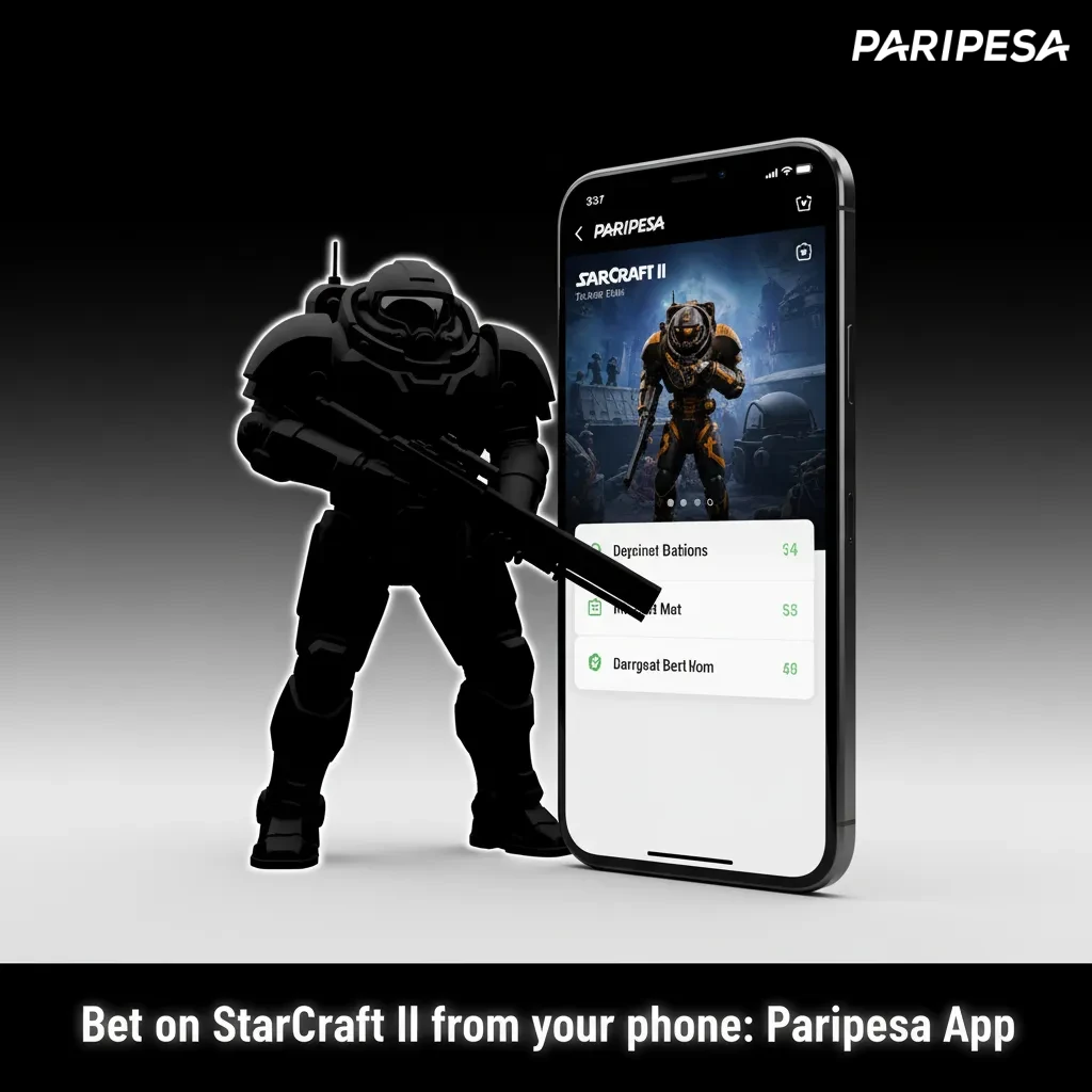 Phone screen shows Paripesa app: Esports > StarCraft II with live odds, Map Handicap and Exact Score markets.