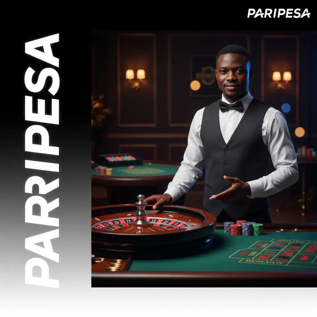 Paripesa live dealer stream with roulette wheel and blackjack table; chat and stake options visible.