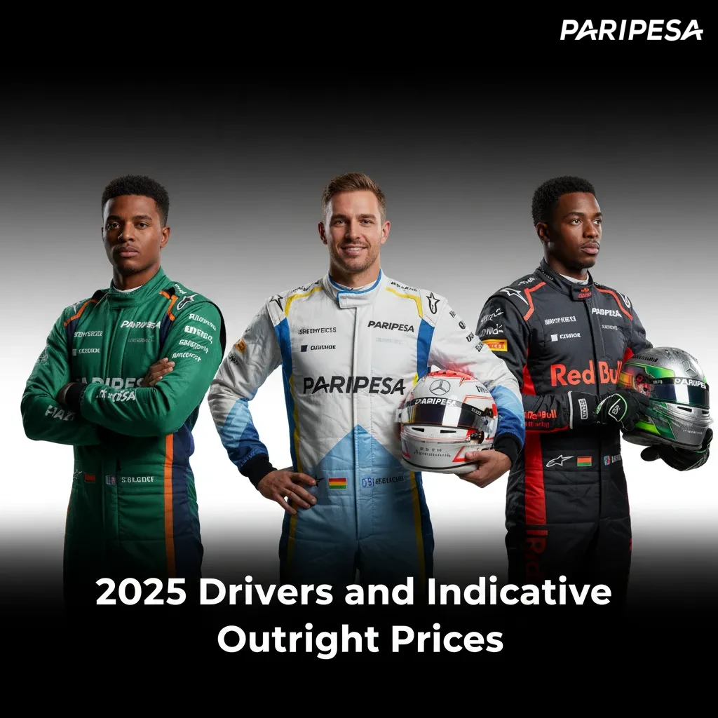 Table showing 2025 F1 teams, drivers, and indicative title odds; Verstappen leads, Leclerc/Hamilton next, prices may change.