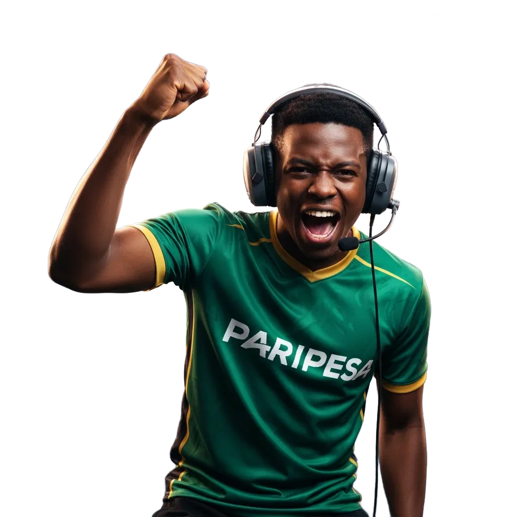 Promotional banner for Paripesa esports betting in Zambia, 100% first deposit bonus, mobile app showing live odds.