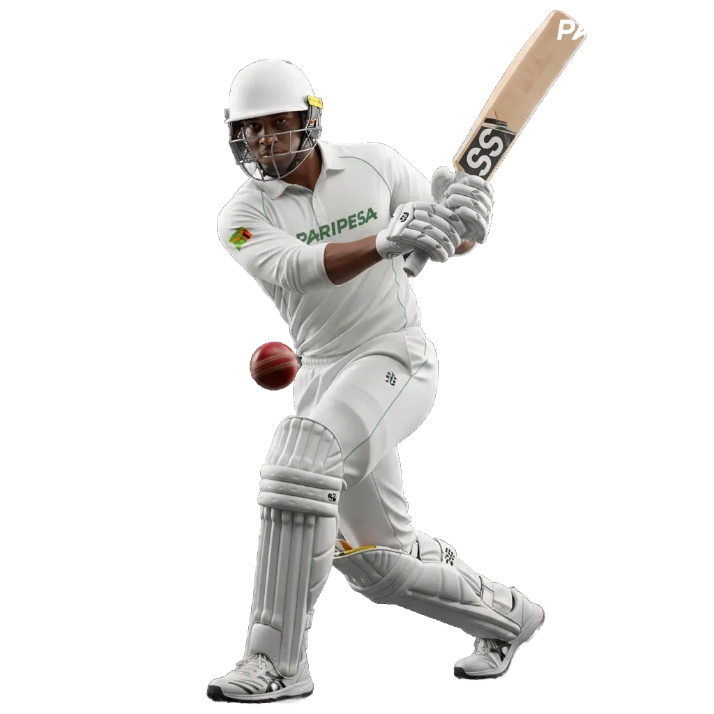 Cricket match and smartphone showing Paripesa odds in Zambia, with 100% first deposit bonus highlighted.