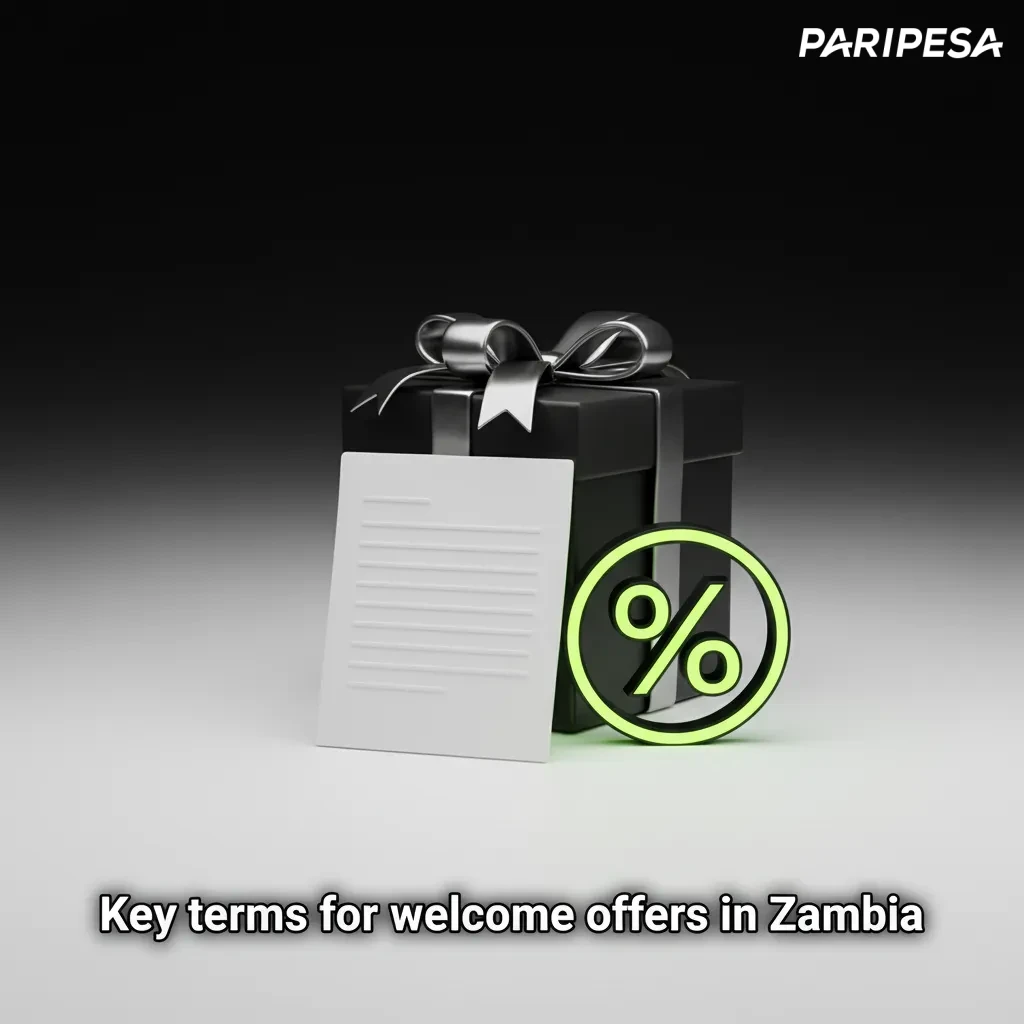 Infographic of Paripesa Zambia welcome offer terms: one per user, ZMW only, choose Sports or Casino, wagering and ID checks.