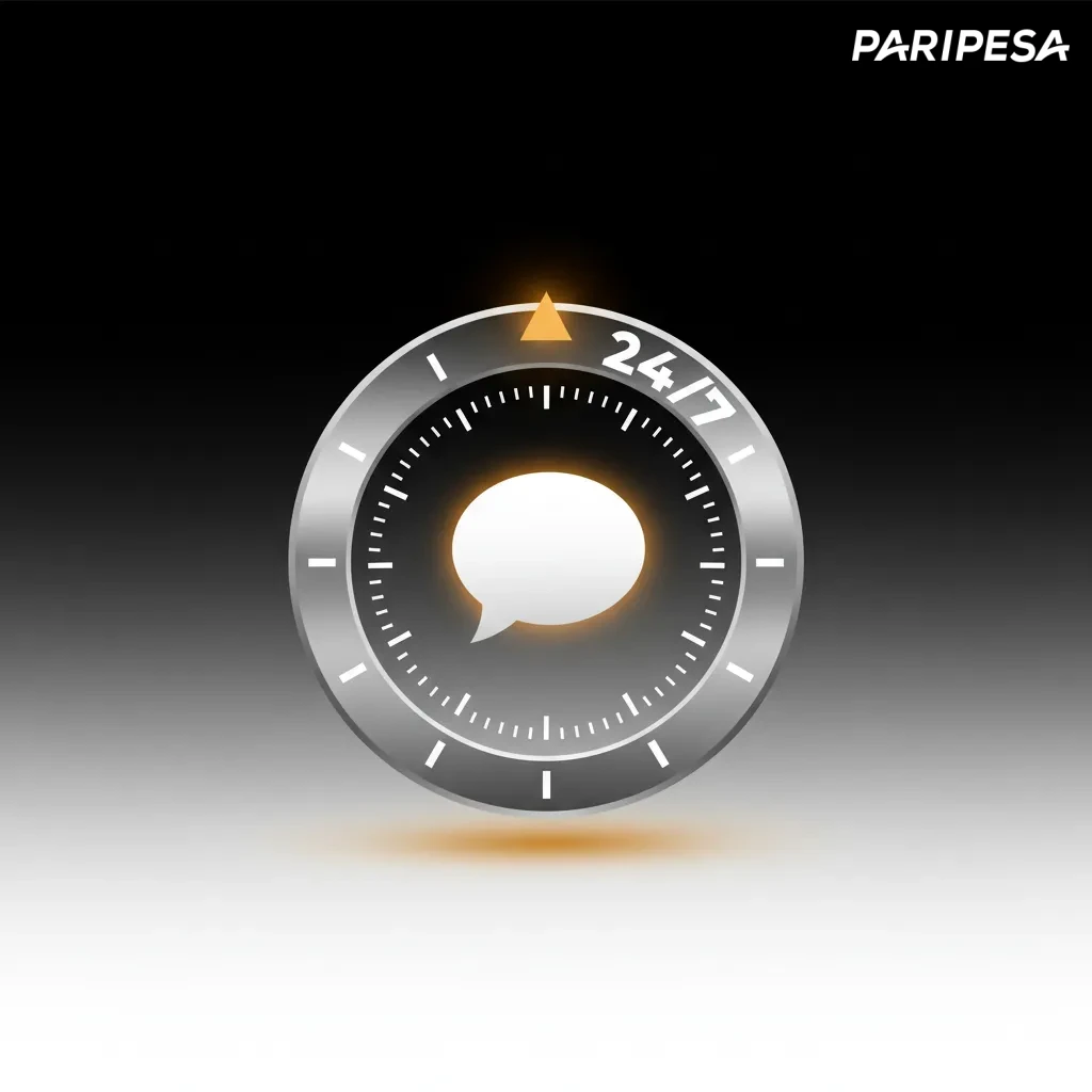 Paripesa Live Chat window with a support agent offering 24/7 help for login, KYC, deposits, withdrawals, and errors.