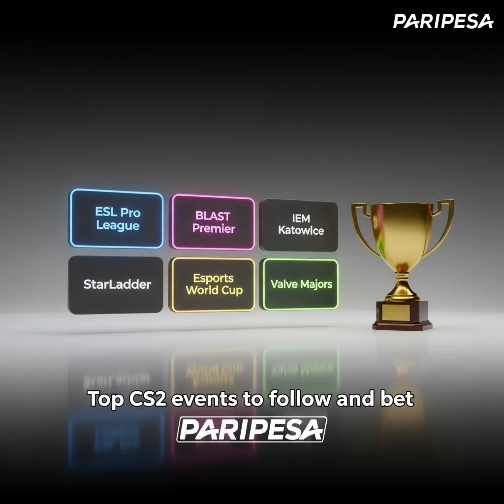 Infographic of top CS2 events: ESL Pro League, BLAST Premier, IEM Katowice, IEM Cologne, Majors, Esports World Cup.