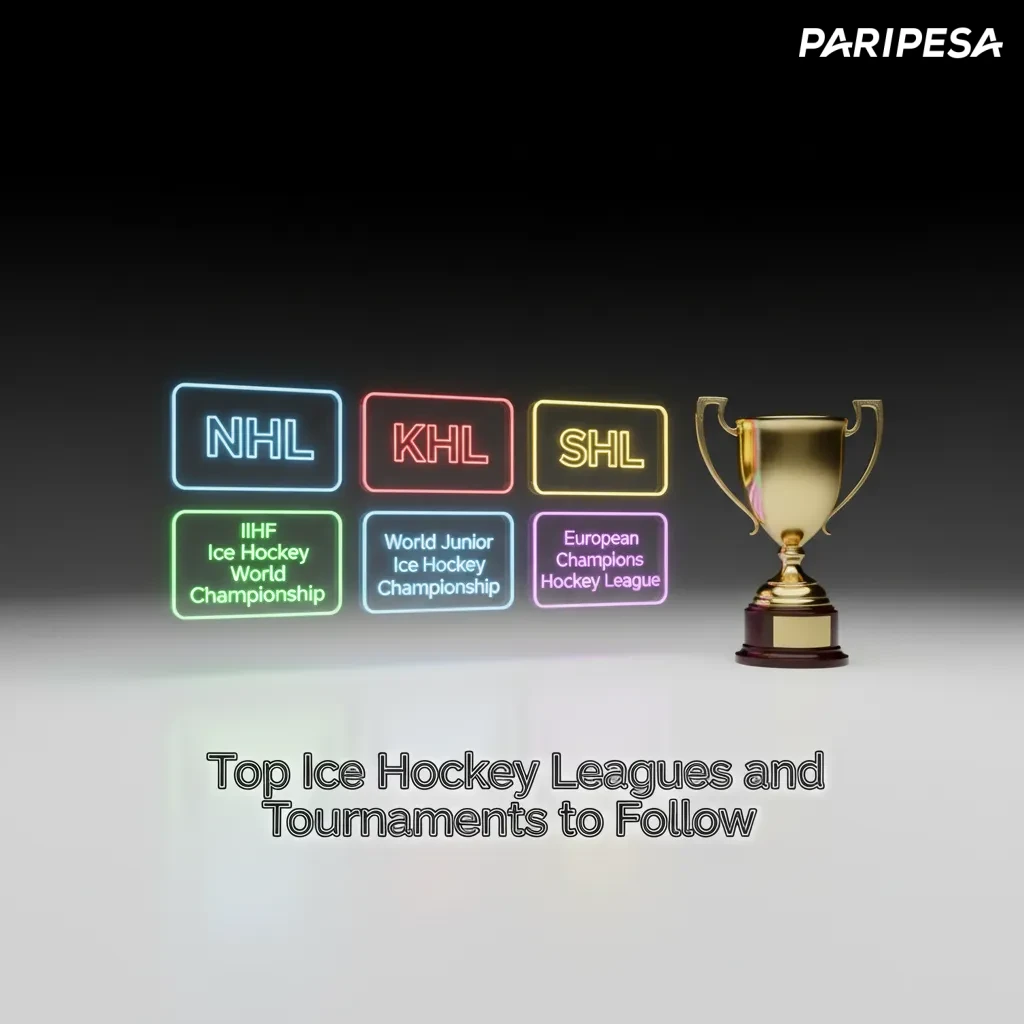 Infographic of top ice hockey leagues (NHL, KHL, SHL, Liiga, DEL) and tournaments, with season windows and betting odds.