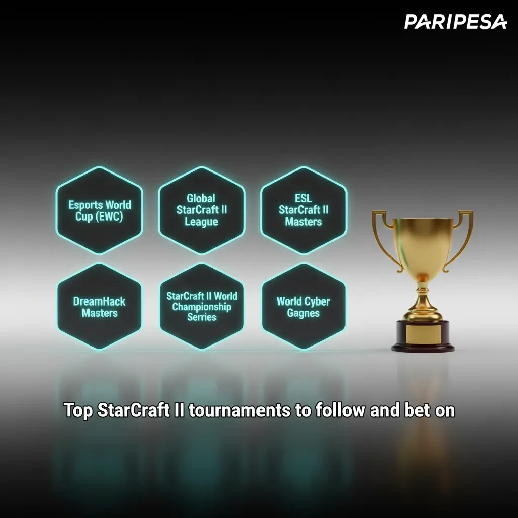 Graphic of top StarCraft II tournaments for betting: EWC, GSL, ESL Masters, IEM Katowice, TSL, WTL, ESL Open Cups.