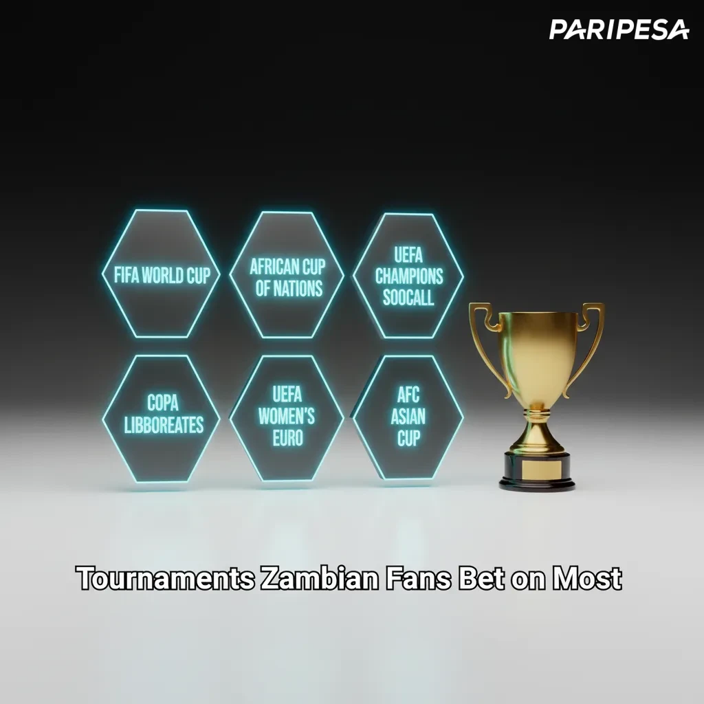 Graphic of top football tournaments Zambian fans bet on: World Cup, AFCON, UEFA, EPL, Zambian Super League; live betting.